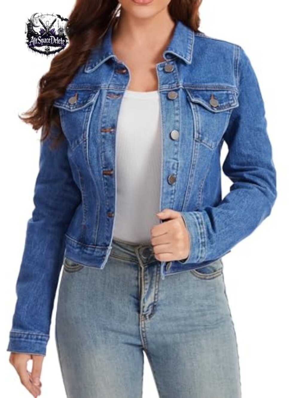 Stretch Cropped Denim Jacket Button Down Fitted Classic with Pockets